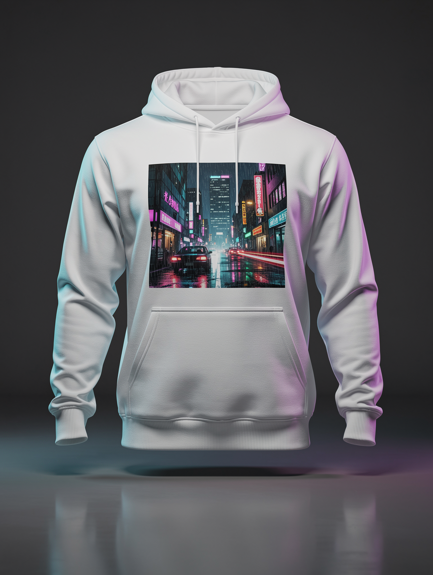 Hoodie branco com rua de cidade anime à chuva de noite