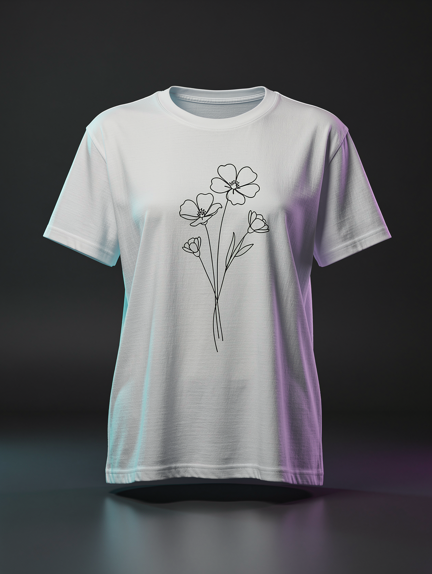 T-shirt feminina branca com desenho botânico de linha única