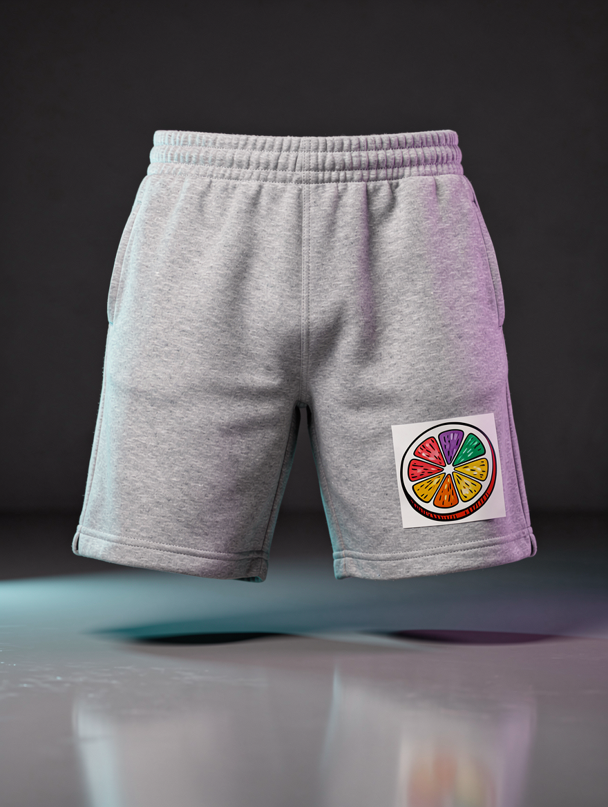 Calções cinzentos com estampado pop-art de citrinos na perna