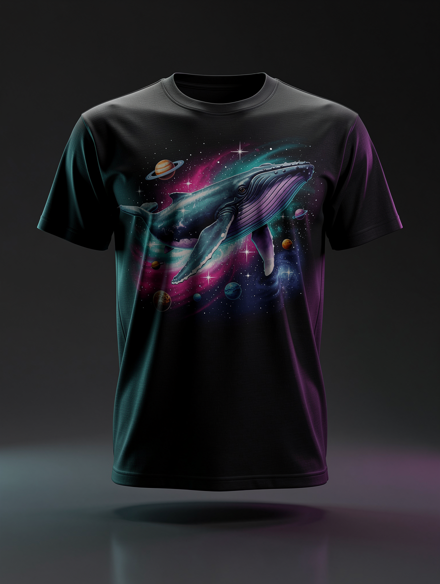 T-shirt preta com uma baleia a nadar por uma nebulosa
