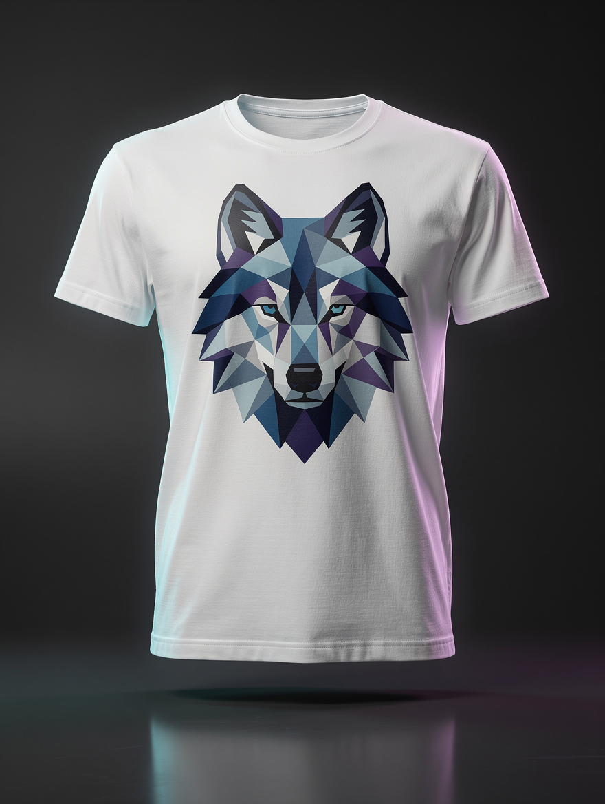 T-shirt branca com cabeça de lobo geométrica low-poly