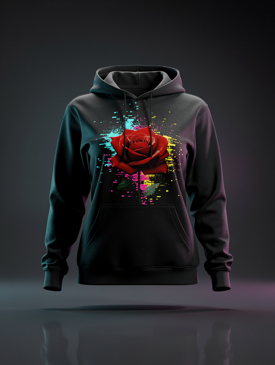 Hoodie feminina preta com uma rosa a dissolver-se em píxeis
