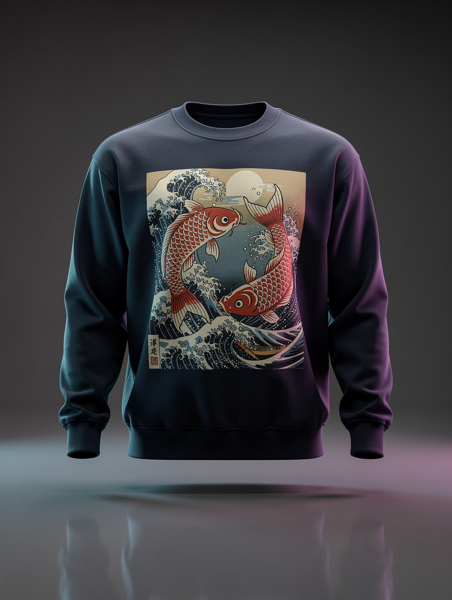 Sweatshirt azul-marinho com duas carpas koi em estilo xilogravura