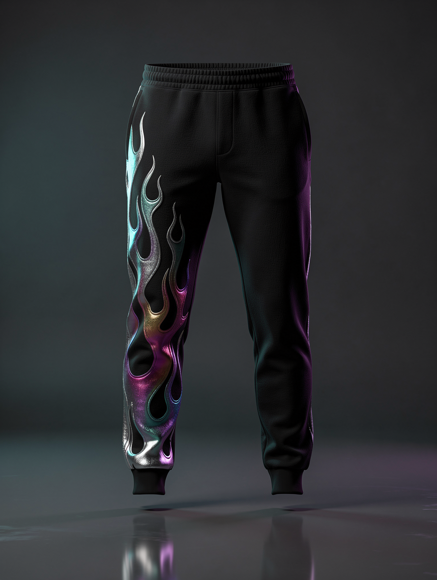 Joggers pretos com chamas cromadas na coxa esquerda