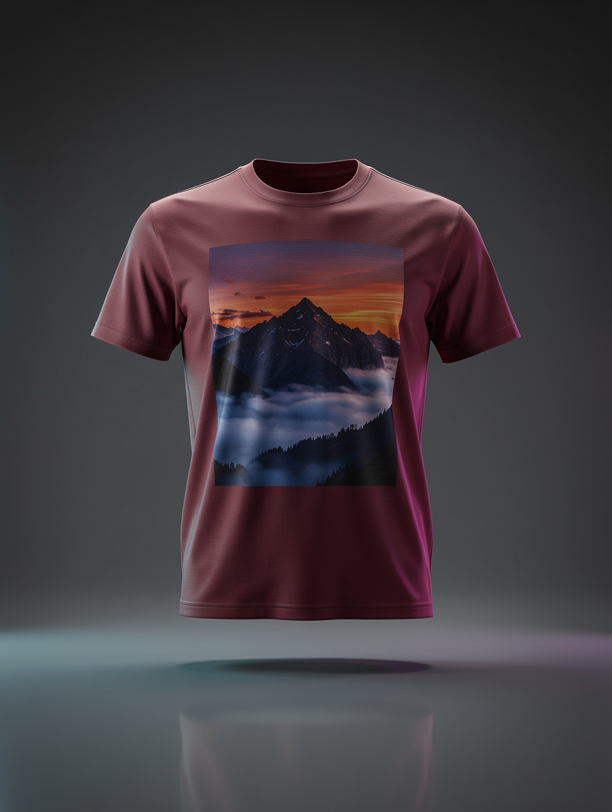 T-shirt bordô com cordilheira fotorrealista ao anoitecer