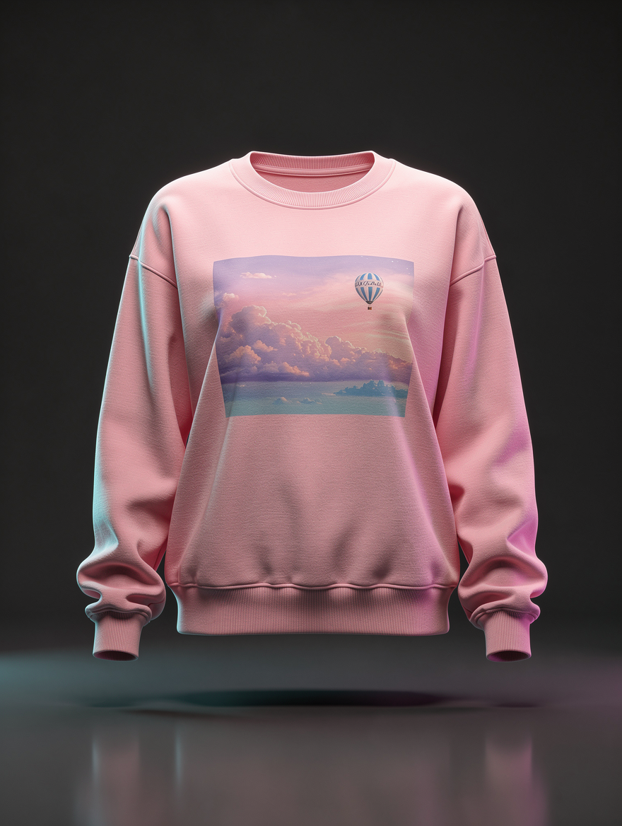 Sweatshirt feminina rosa com paisagem de nuvens pastel