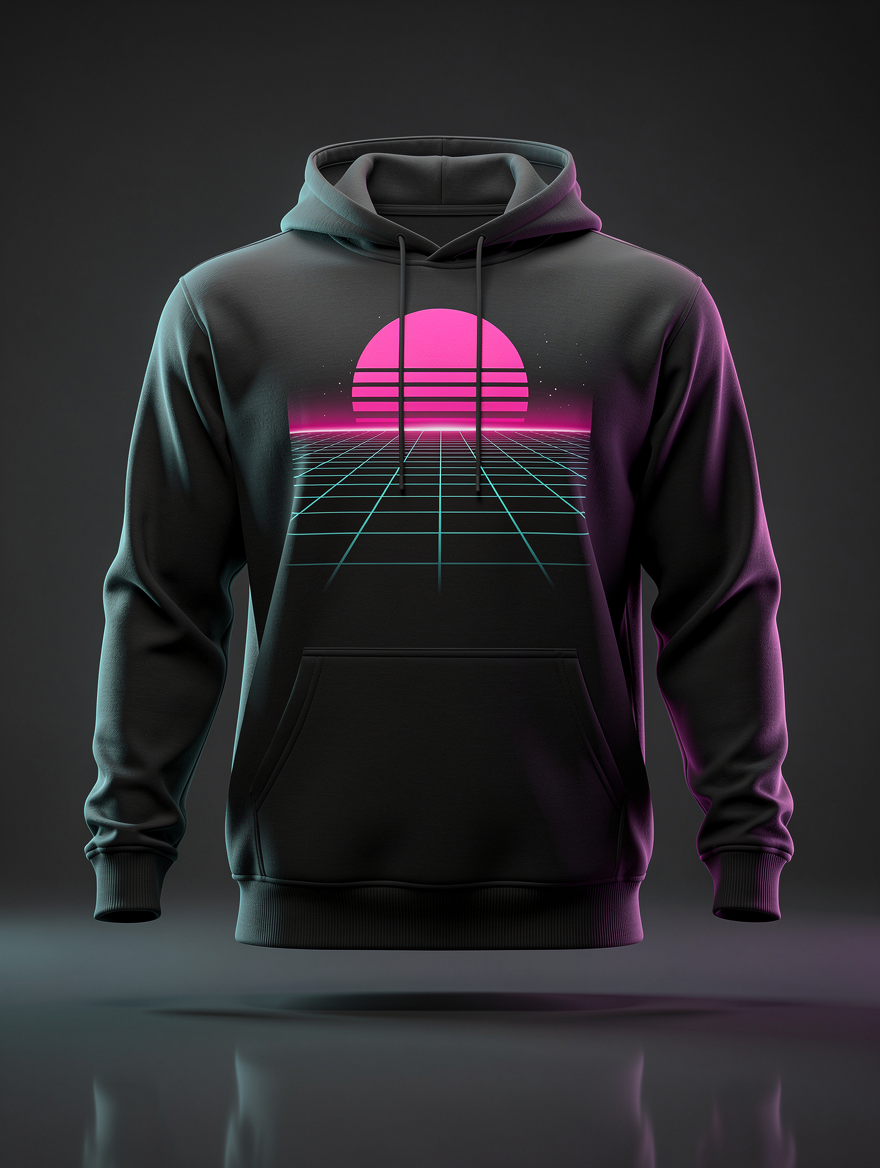 Hoodie preto com um pôr do sol synthwave sobre grelha cromada