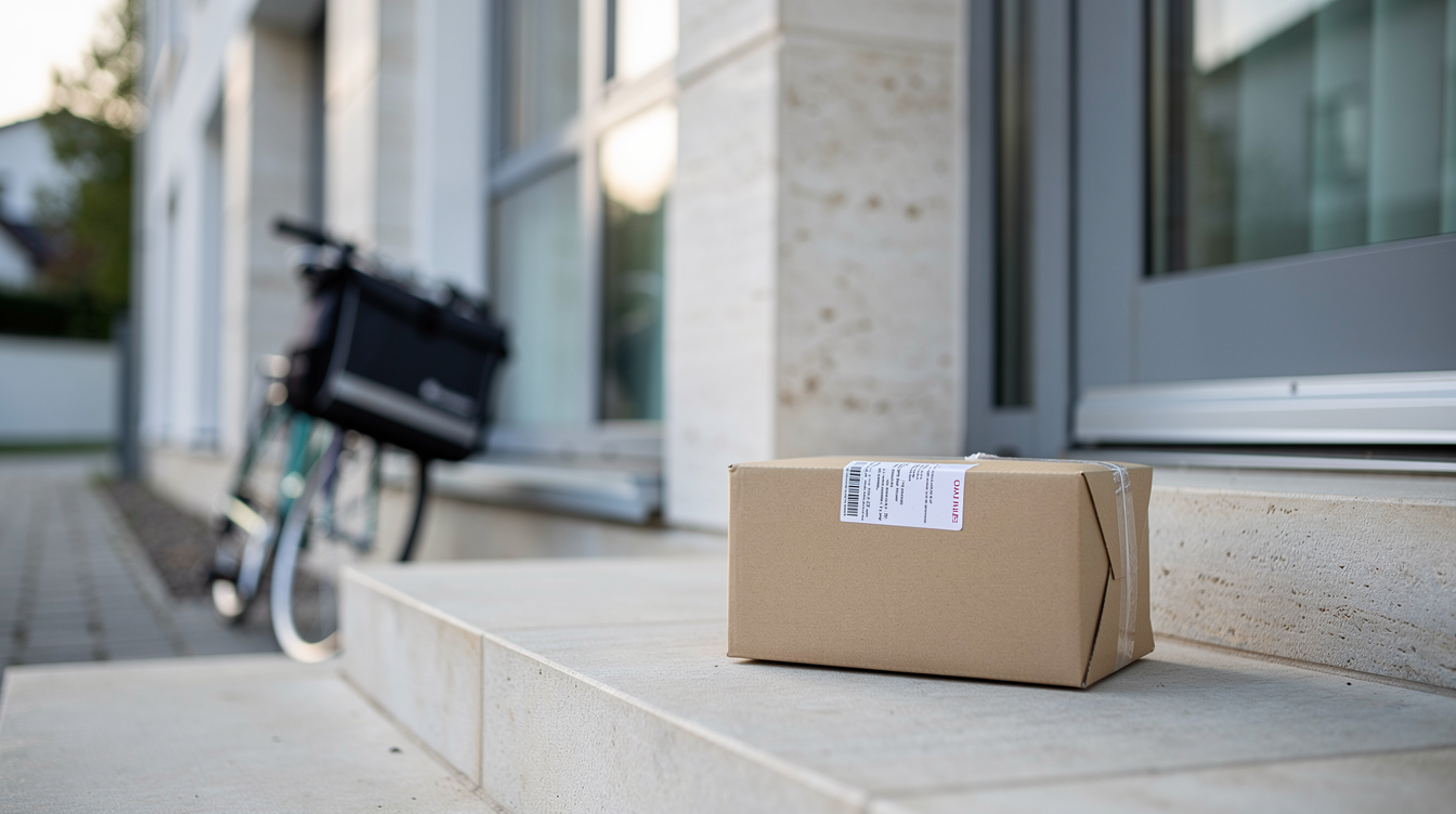 A kraft parcel on the doorstep of a European apartment building