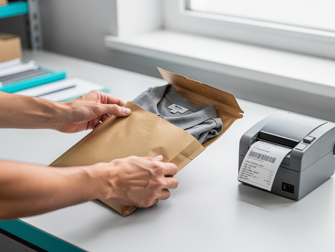 Hands sealing a slim recyclable mailer at a packing bench