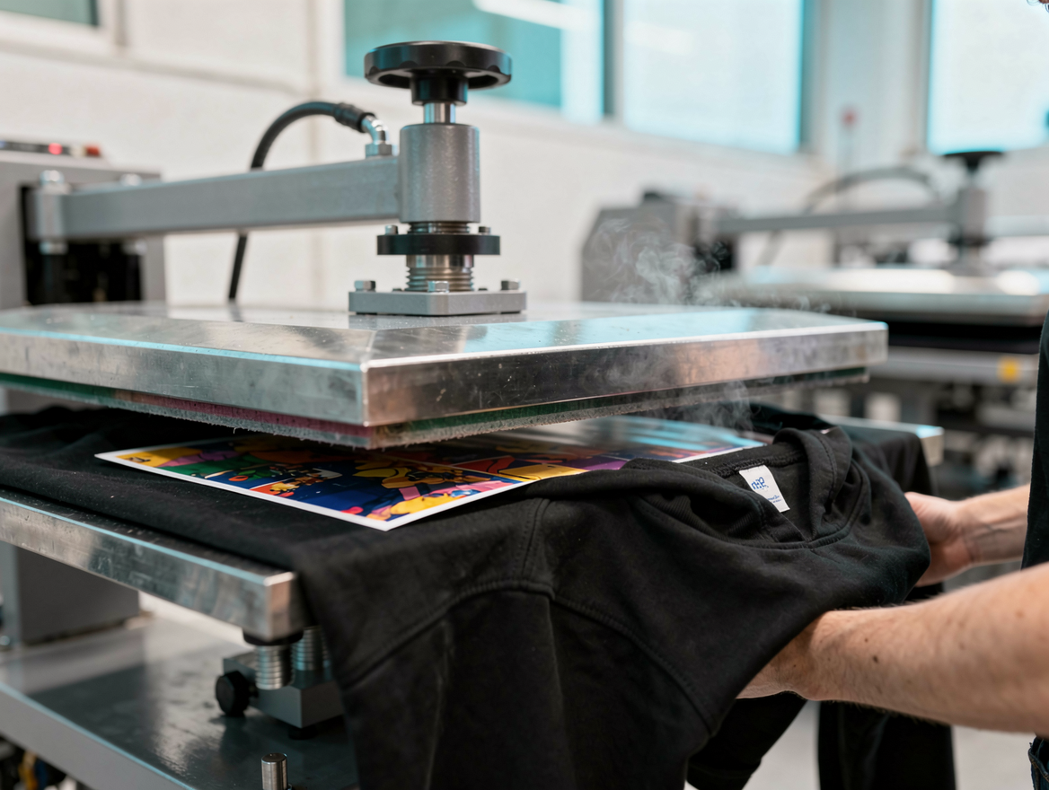 A heat press applying a printed transfer film onto a hoodie