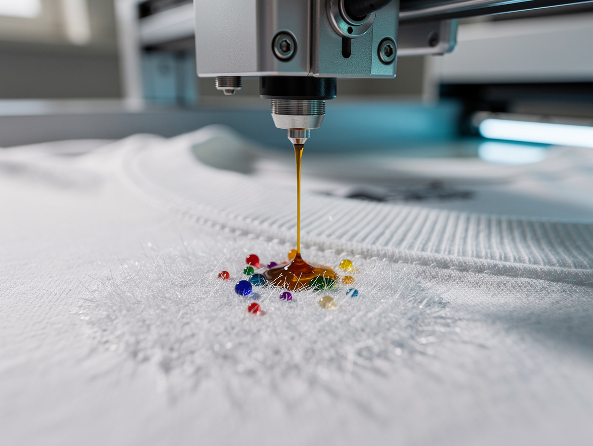 Close-up of a DTG print head laying ink onto cotton fabric