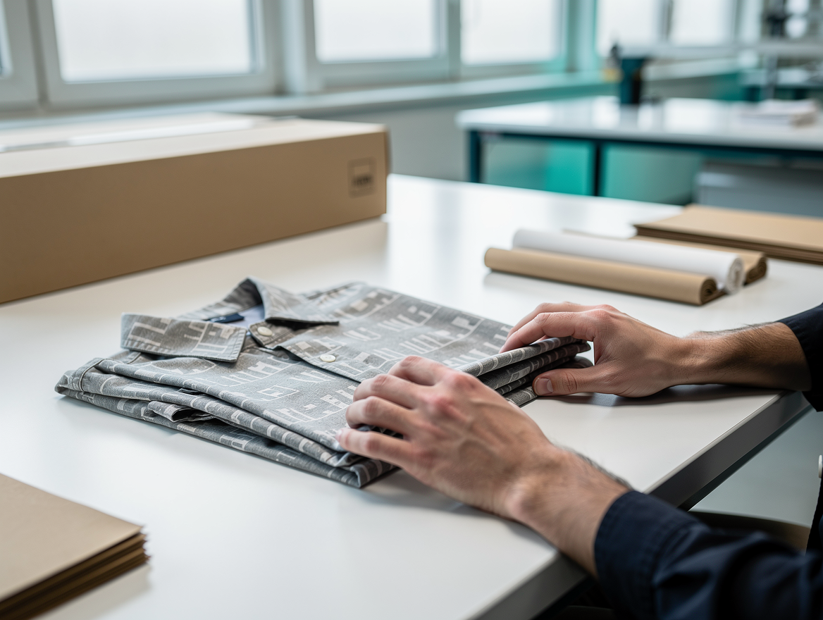 Hands inspecting and folding a freshly printed garment