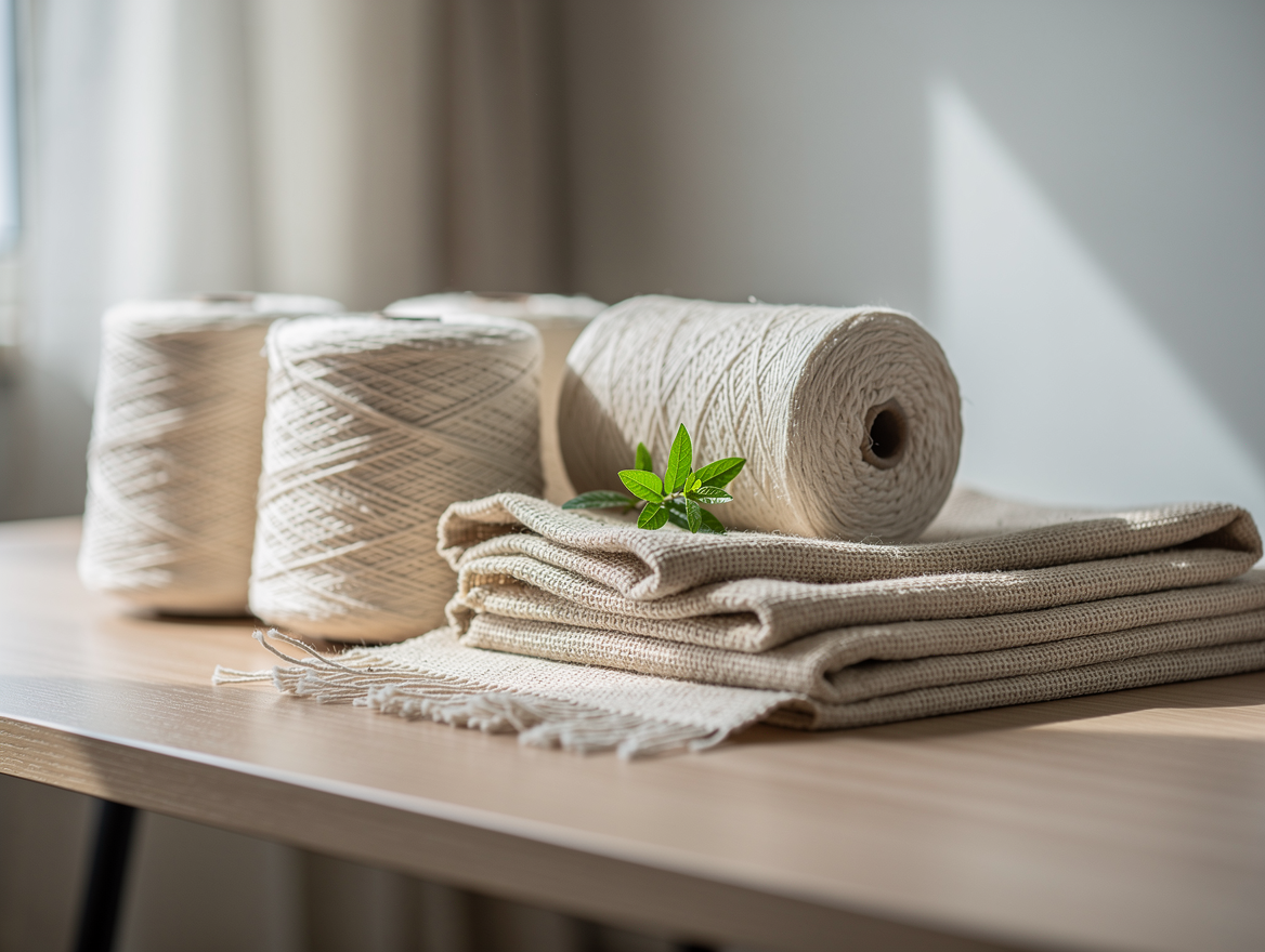 Organic cotton yarn cones and undyed fabric on a wooden table