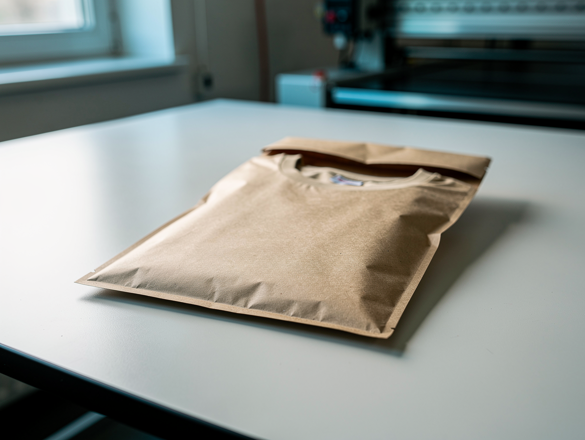 A single printed t-shirt folded into one recyclable mailer on an empty workbench