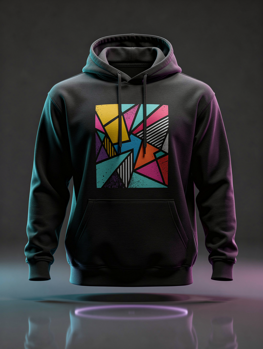 Hoodie preto com um estampado geométrico abstrato arrojado, a flutuar sobre um fundo escuro de estúdio