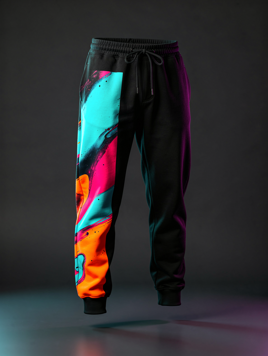 Joggers pretos afunilados com um estampado abstrato vibrante na coxa esquerda, a flutuar sobre um fundo escuro de estúdio