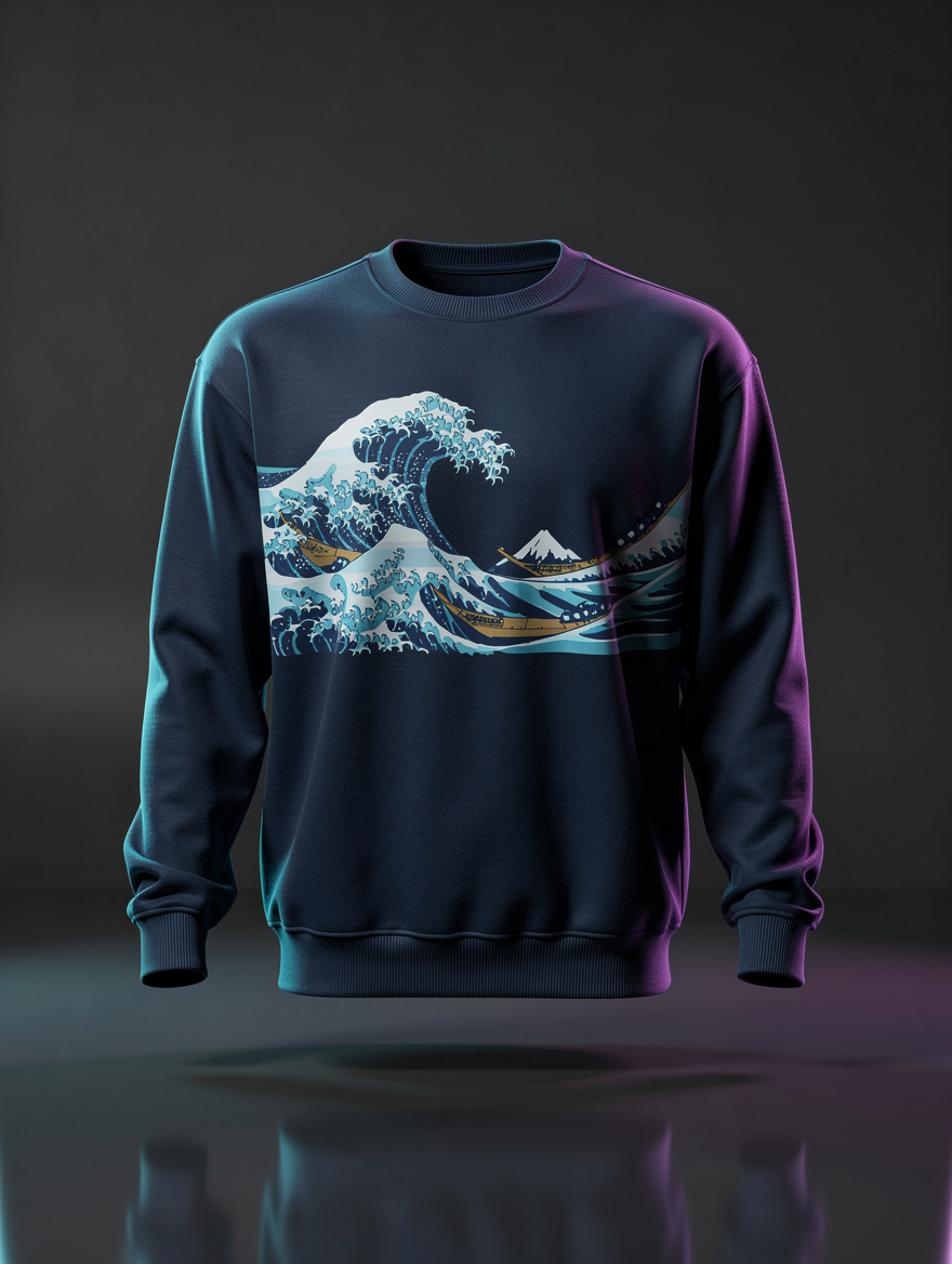 Sweatshirt azul-marinho com um estampado abstrato de ondas vívidas, a flutuar sobre um fundo escuro de estúdio