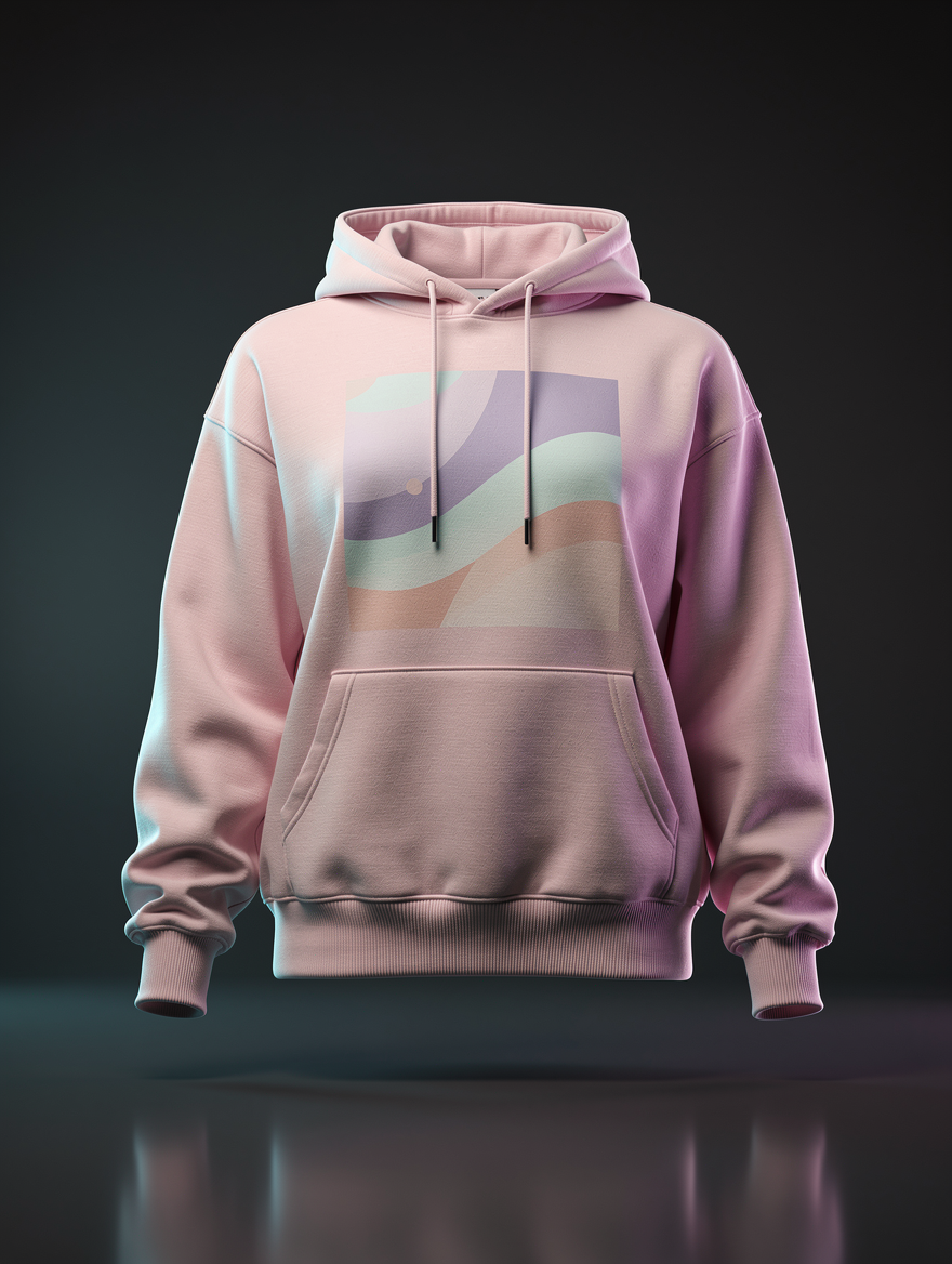 Hoodie feminino rosa-claro com um estampado abstrato em tons pastel, a flutuar sobre um fundo escuro de estúdio