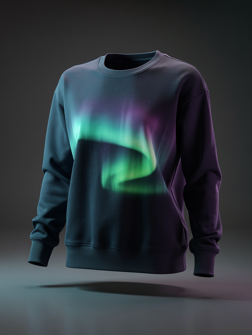 Sweatshirt feminina azul-marinho francês com um estampado abstrato luminoso, a flutuar sobre um fundo escuro de estúdio