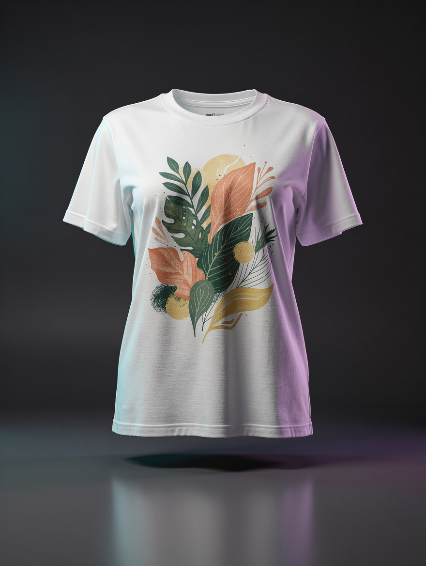 T-shirt feminina branca de corte relaxado com um delicado estampado botânico abstrato, a flutuar sobre um fundo escuro de estúdio
